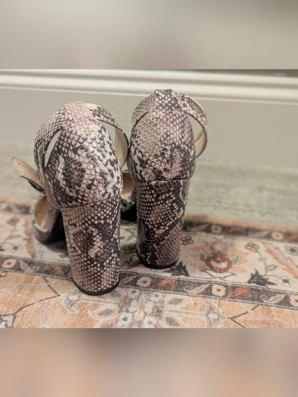 Snake Print Ankle Strap Block Heels